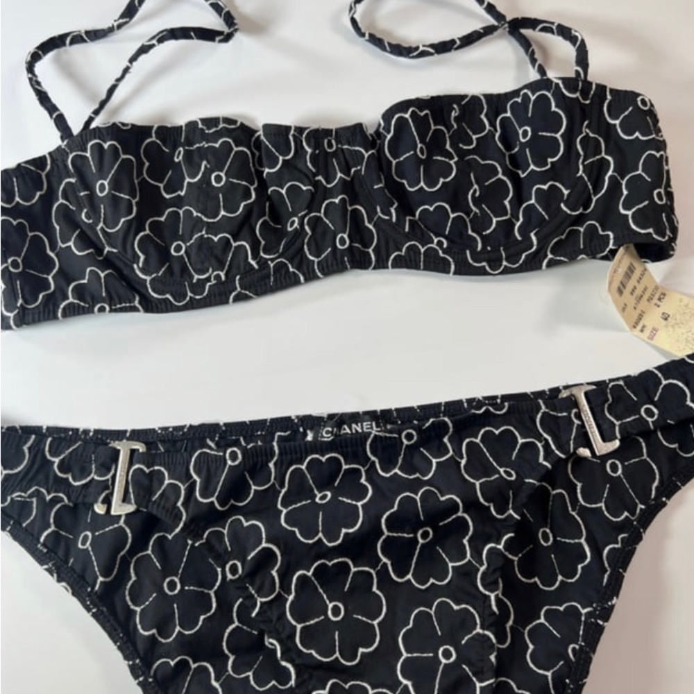 Vintage Chanel Black and White Camellia Flower Two Piece Bikini Bathing Suit - Picture 2 of 4
